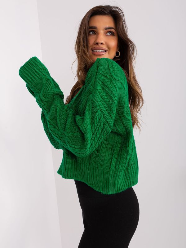 Fashionhunters Green loose sweater with cables