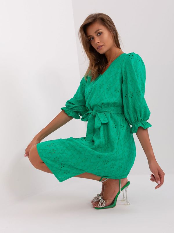 Fashionhunters Green openwork dress with 3/4 sleeves