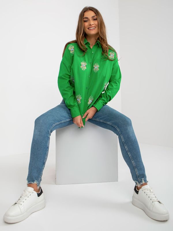 Fashionhunters Green oversized button shirt with embroidery