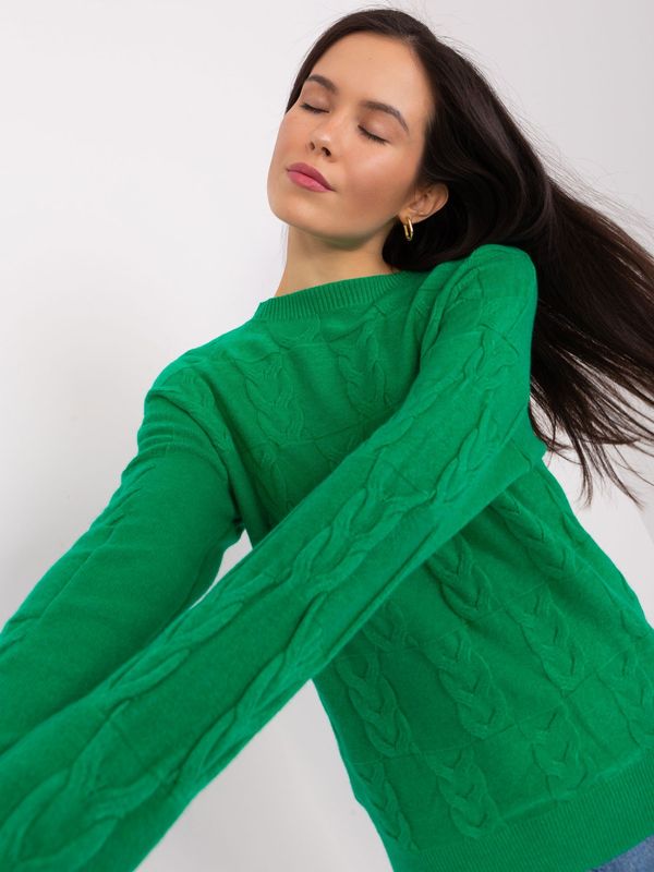 Fashionhunters Green sweater with cables, loose fit