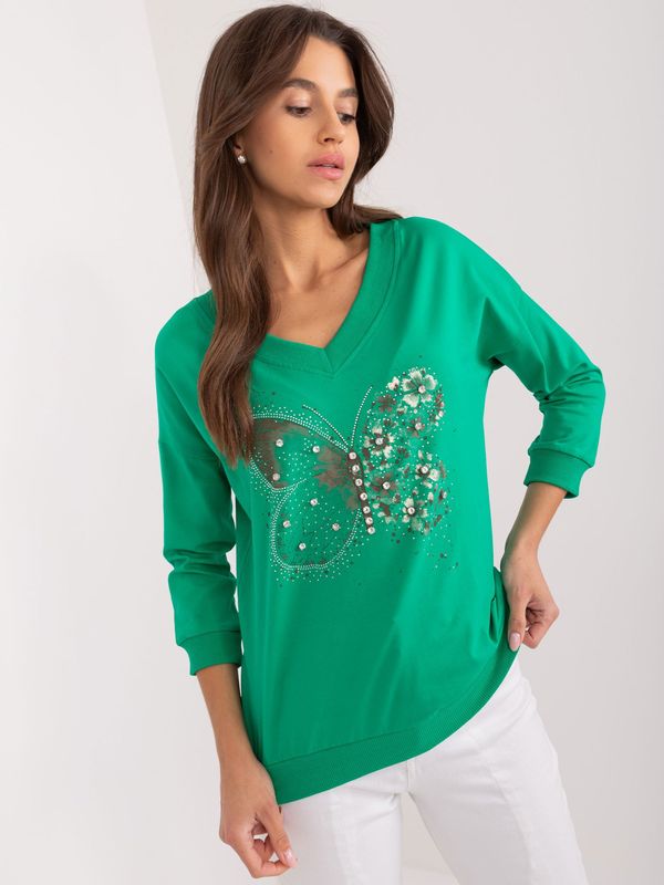 Fashionhunters Green women's blouse with print and rhinestones