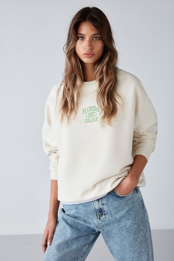 GRIMELANGE GRIMELANGE Adrielle Relaxed Fit Embroidery Printed Knitted Crew Neck Ecru Sweatshir