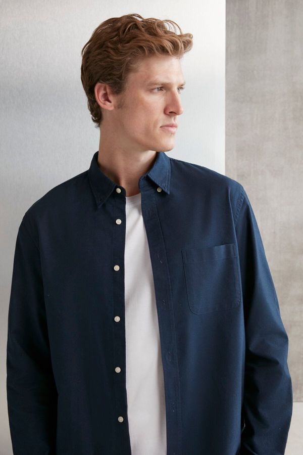 GRIMELANGE GRIMELANGE Cliff Men's 100% Cotton Pocketed Oxford Navy Blue Shirt