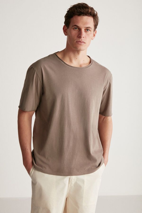 GRIMELANGE GRIMELANGE Davinson Men's Open Collar Oversize Fit 100% Cotton Brown T-shir