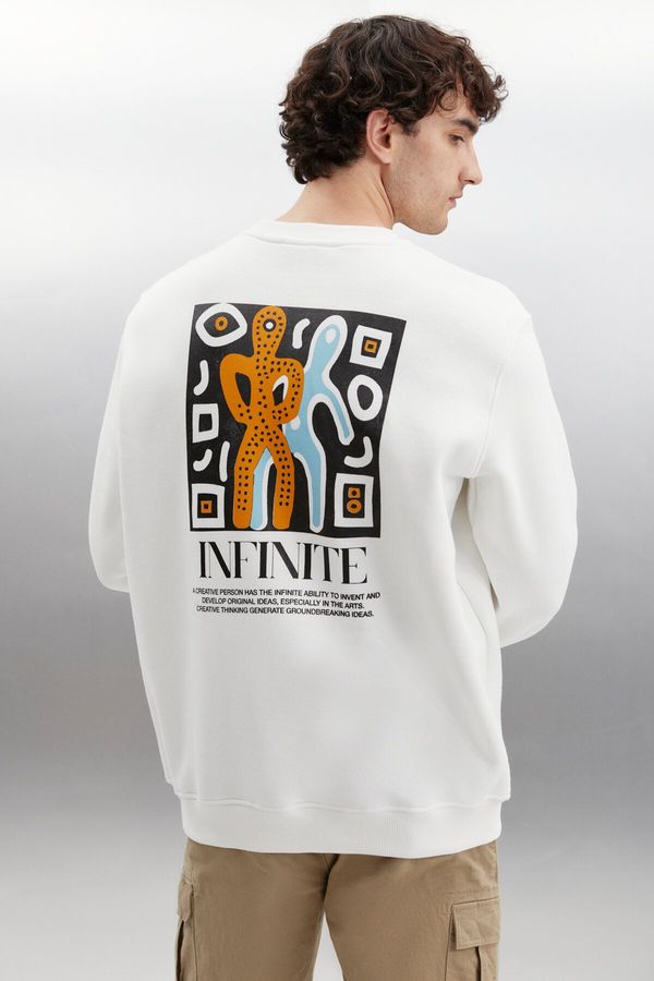 GRIMELANGE GRIMELANGE Falk Men's Round Neck Art Printed Ecru Sweatshirt with Fleece Inside