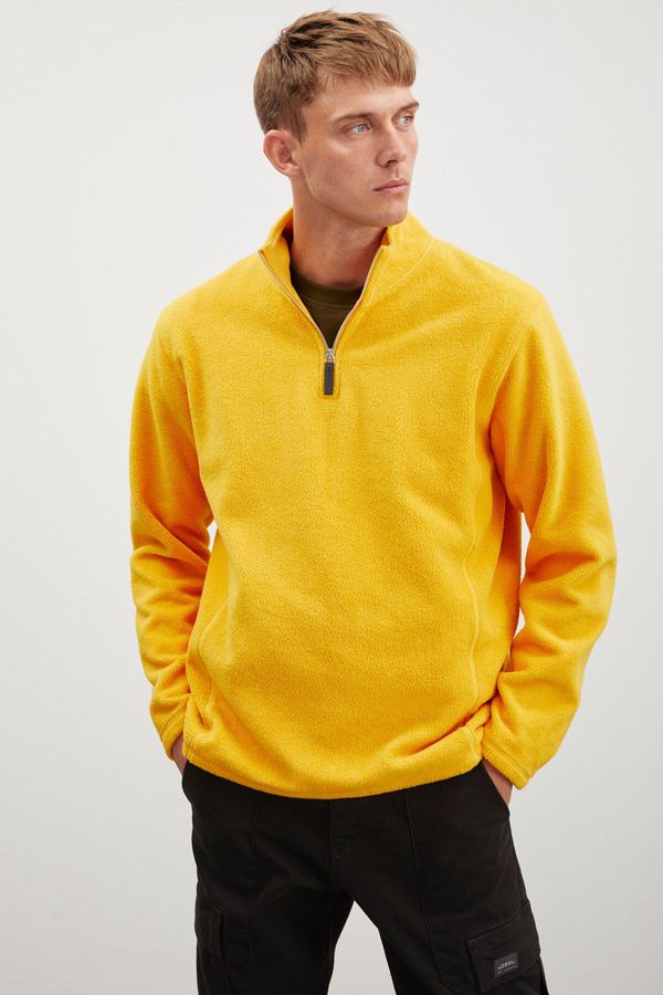 GRIMELANGE GRIMELANGE Hayes Men's Fleece Half Zipper Leather Accessory Thick Textured Comfort Fit Saffron Yellow Fleece