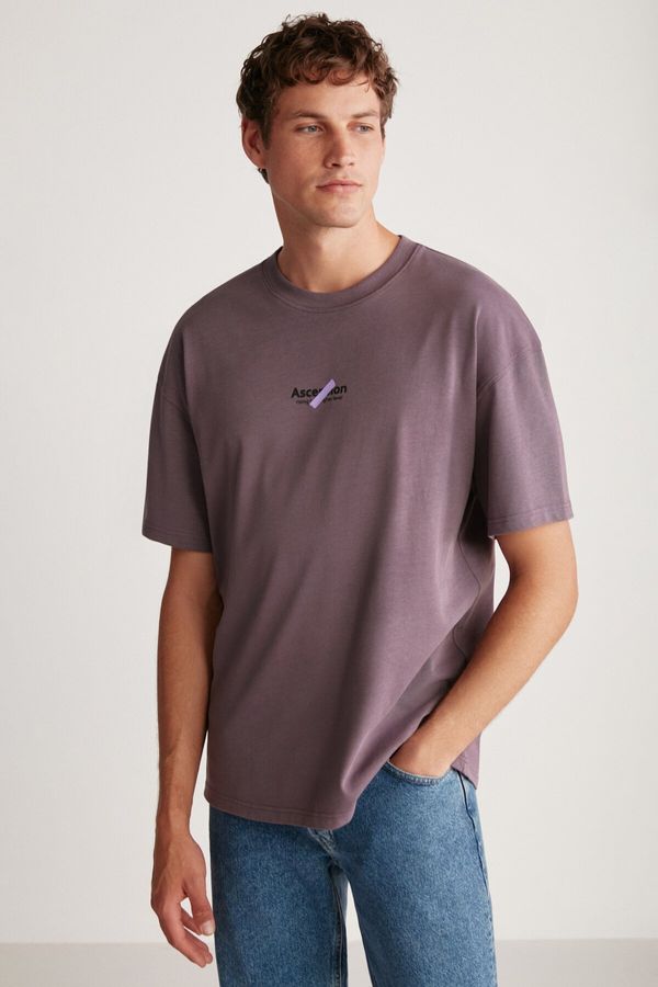 GRIMELANGE GRIMELANGE Jake Men's Oversize Fit 100% Cotton Thick Textured Printed Purple T-shirt