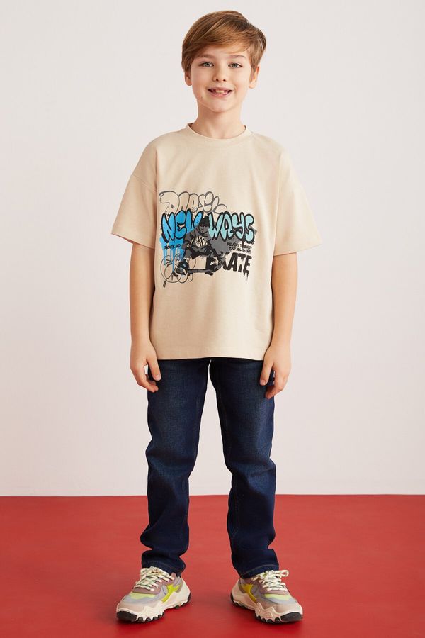 GRIMELANGE GRIMELANGE Jery Boy 100% Cotton Printed Short Sleeve Beige T-shirt