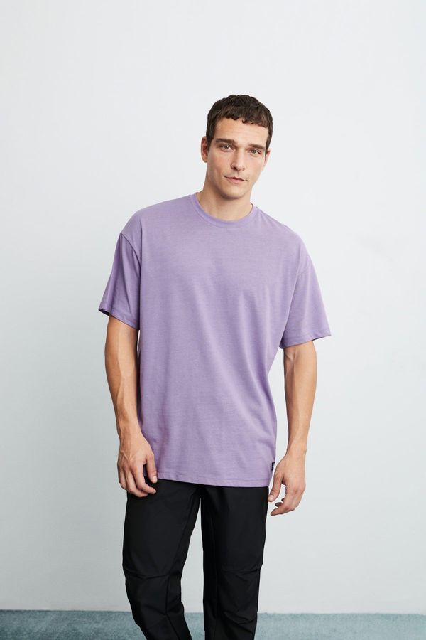 GRIMELANGE GRIMELANGE Jett Men's Oversize Fit 100% Cotton Thick Textured Purple T-shirt