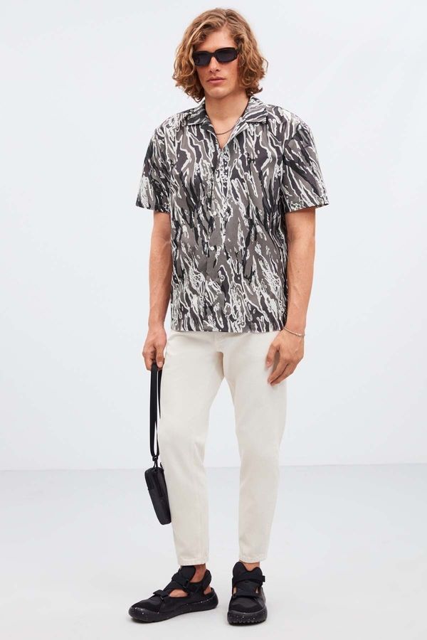 GRIMELANGE GRIMELANGE Palma Men's 100% Cotton Poplin Fabric Patterned Summer Gray Shirt