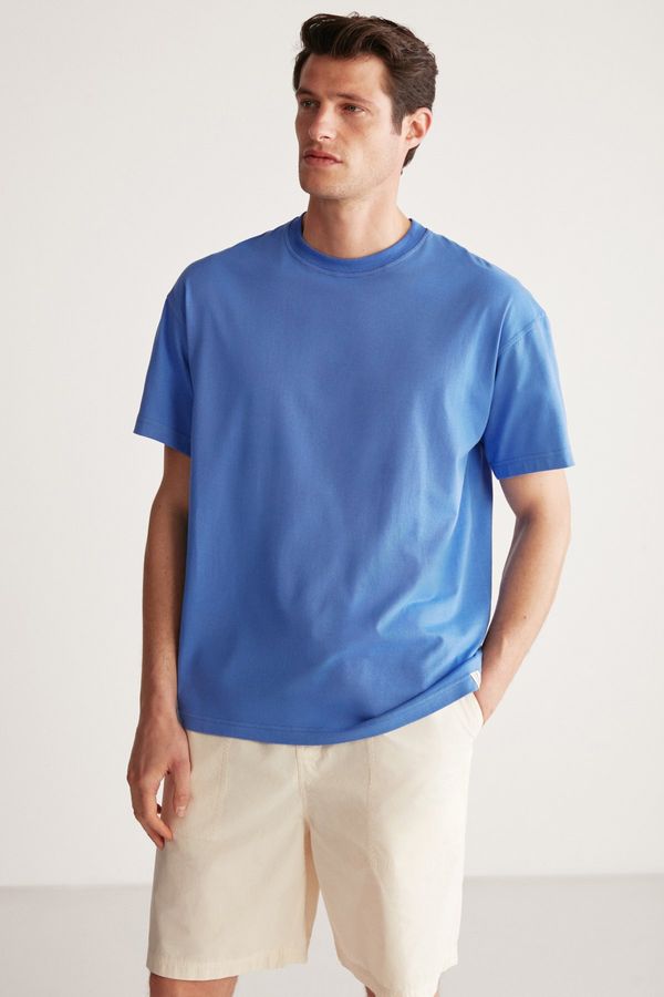 GRIMELANGE GRIMELANGE Rudy Men's Slim Fit 100% Cotton Medium Thickness Blue T-shirt