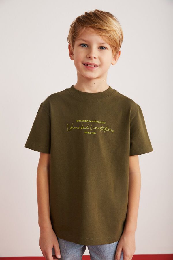 GRIMELANGE GRIMELANGE Rune Boy's 100% Cotton Short Sleeve Piece Printed Crew Neck Khaki T-shirt