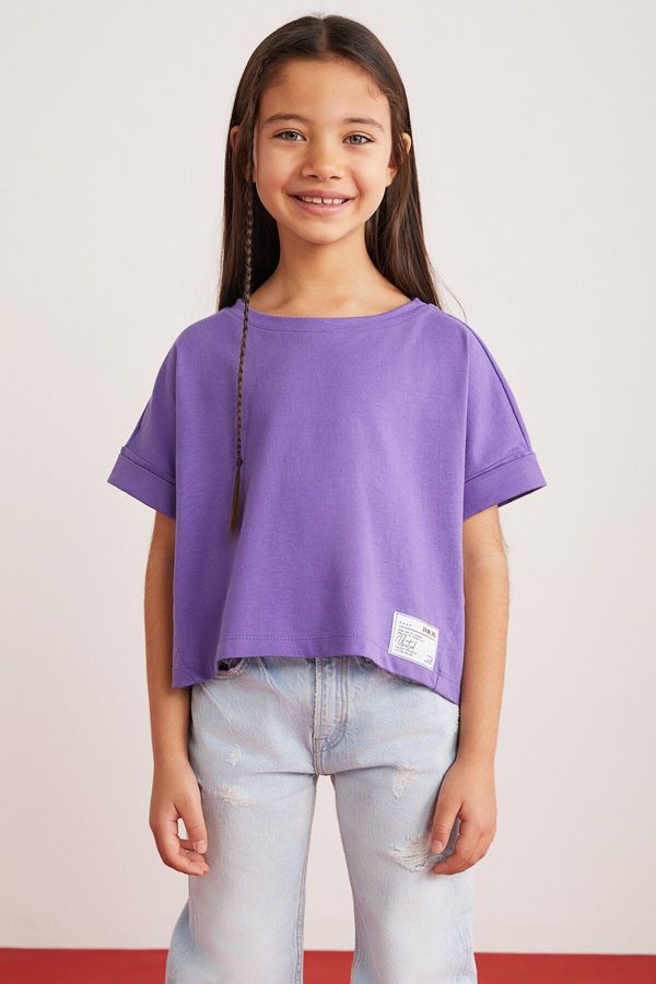 GRIMELANGE GRIMELANGE Verena Girl's 100% Cotton Double Sleeve Ornamental Label Purple T-shir