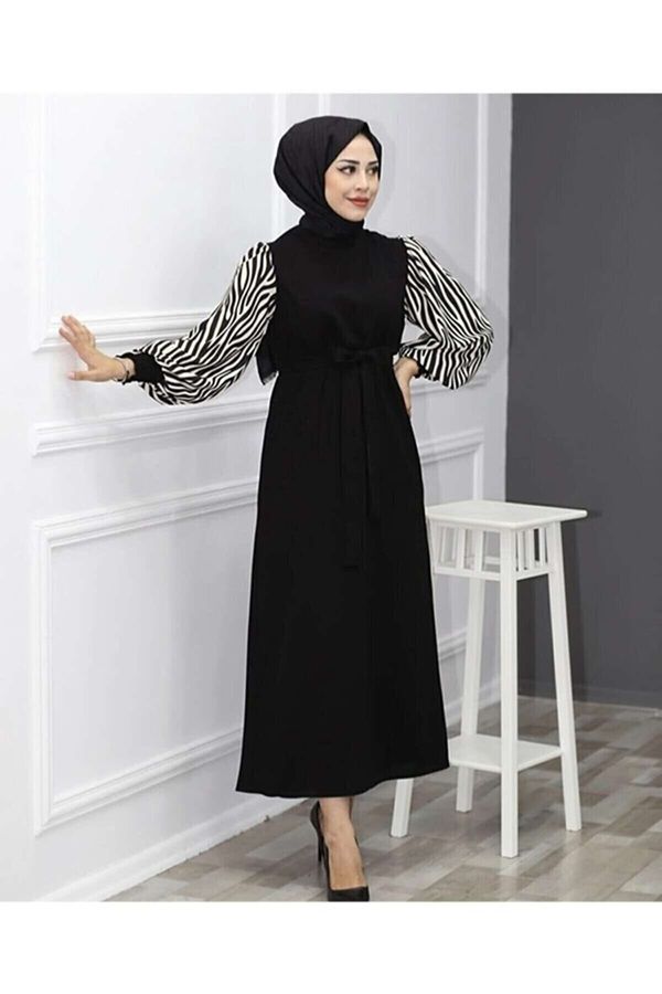 HAKKE HAKKE Zebra Patterned Long Length Hijab Dress - Black Zeraa-678