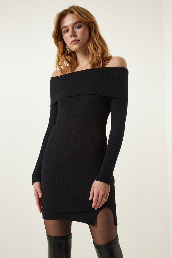 Happiness İstanbul Happiness İstanbul Black Madonna Collar Ribbed Knitted Dress