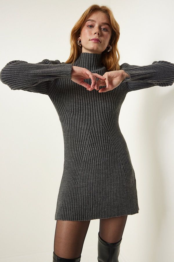 Happiness İstanbul Happiness İstanbul Gray Ribbed A-Line Knitwear Dress