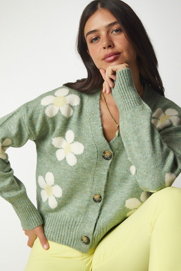 Happiness İstanbul Happiness İstanbul Women's Almond Green Floral Patterned Knitwear Cardigan
