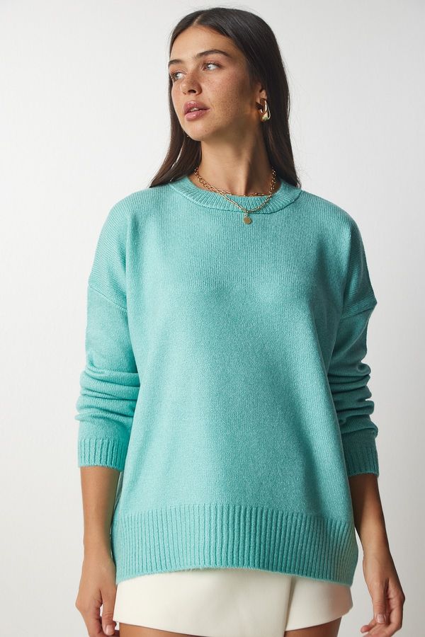 Happiness İstanbul Happiness İstanbul Women's Aqua Green Crew Neck Oversize Knitwear Sweater