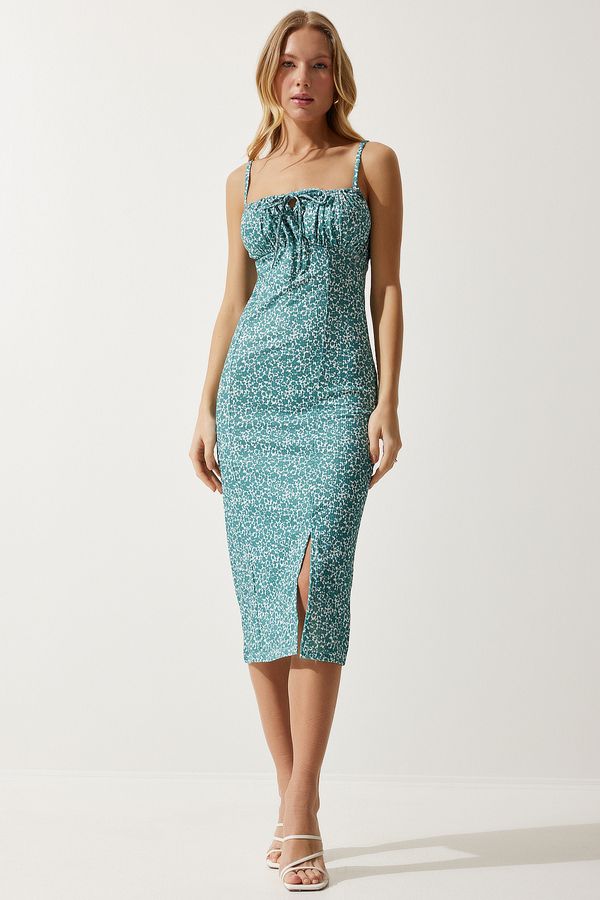 Happiness İstanbul Happiness İstanbul Women's Aqua Green White Floral Slit Summer Knitted Dress