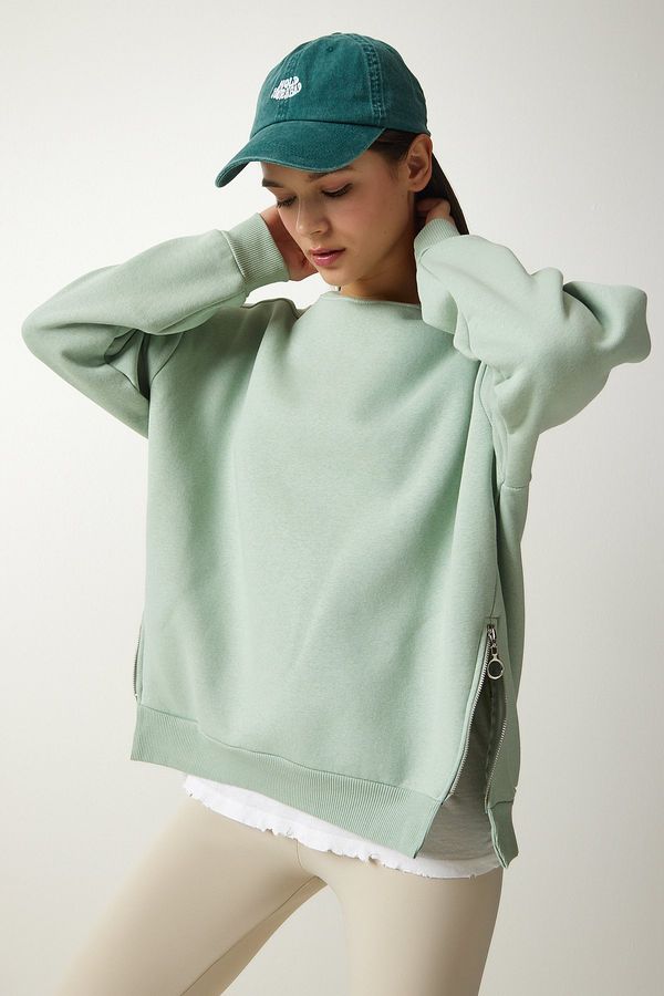 Happiness İstanbul Happiness İstanbul Women's Aqua Green Zipper Detail Raised Knitted Sweatshirt