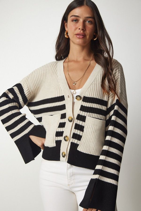 Happiness İstanbul Happiness İstanbul Women's Beige Black Striped Pocket Knitwear Cardigan