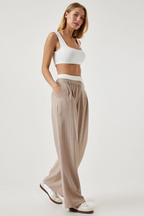 Happiness İstanbul Happiness İstanbul Women's Beige Contrast Waist Detailed Striped Woven Trousers