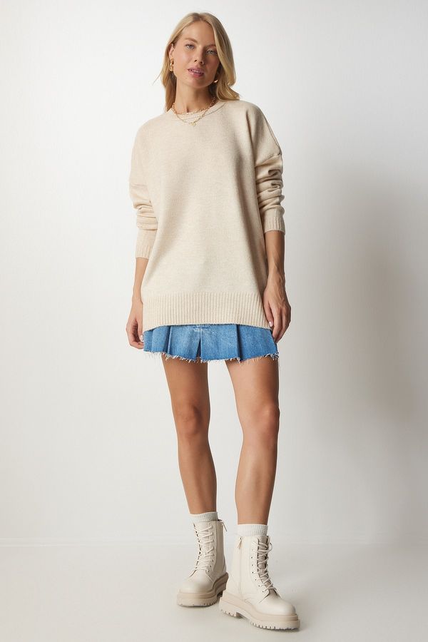Happiness İstanbul Happiness İstanbul Women's Beige Crew Neck Oversize Knitwear Sweater