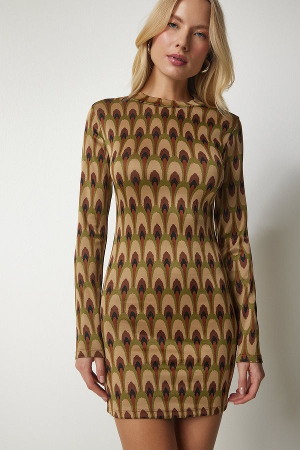 Happiness İstanbul Happiness İstanbul Women's Beige Green Stand-Up Collar Patterned Mini Knitwear Dress