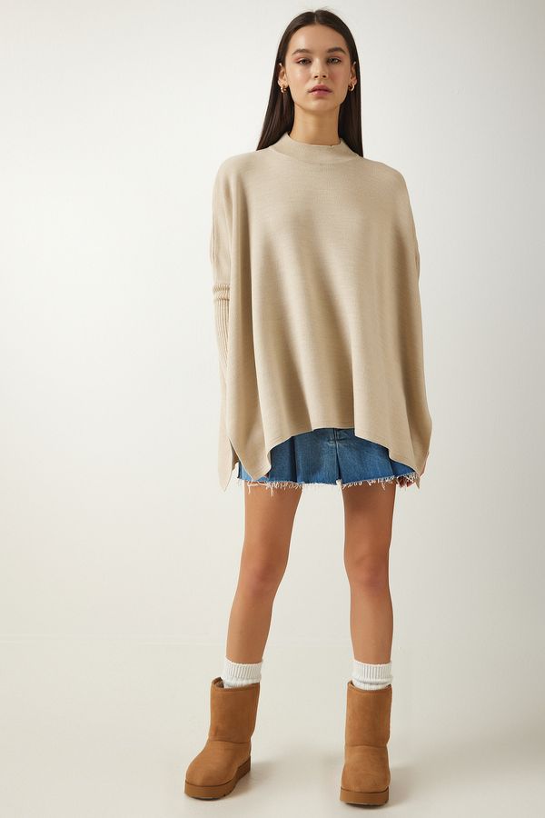 Happiness İstanbul Happiness İstanbul Women's Beige High Neck Slit Knitwear Poncho Sweater