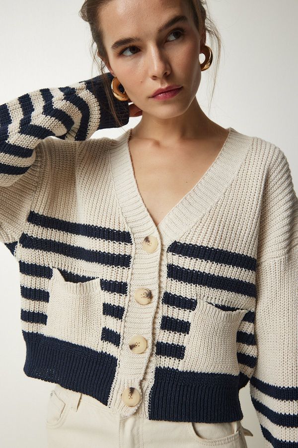 Happiness İstanbul Happiness İstanbul Women's Beige Navy Blue Striped Knitwear Cardigan