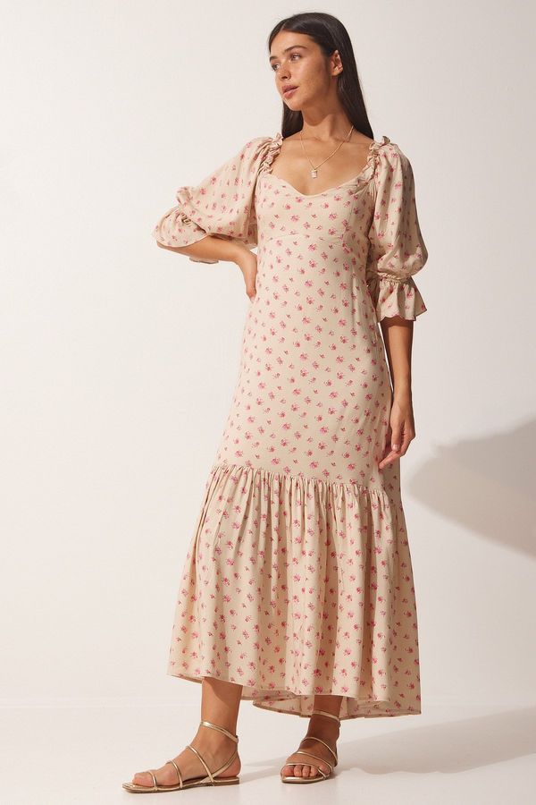 Happiness İstanbul Happiness İstanbul Women's Beige Patterned Heart Collar Viscose Dress
