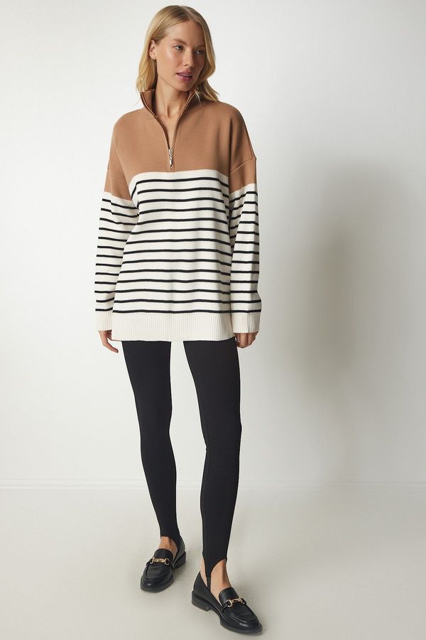 Happiness İstanbul Happiness İstanbul Women's Biscuit Cream Striped Zipper High Neck Knitwear Sweater