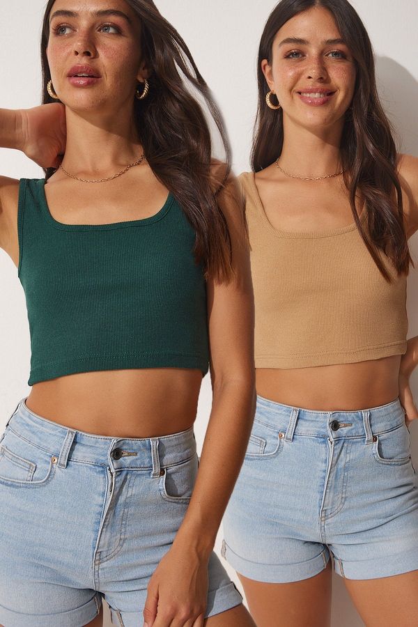 Happiness İstanbul Happiness İstanbul Women's Biscuit Emerald Green Straps Crop 2-Pack Knitted Blouse