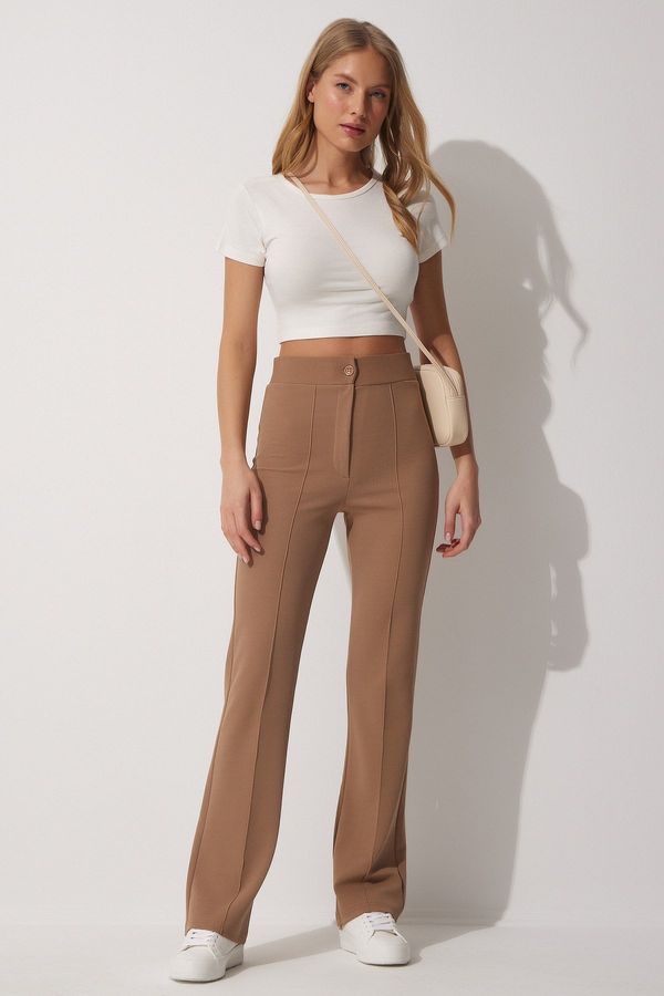 Happiness İstanbul Happiness İstanbul Women's Biscuit High Waist Lycra Casual Knitted Trousers