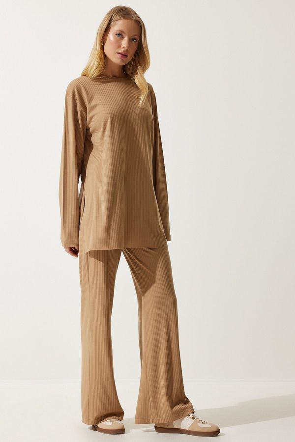 Happiness İstanbul Happiness İstanbul Women's Biscuit Ribbed Knitted Blouse Pants Suit