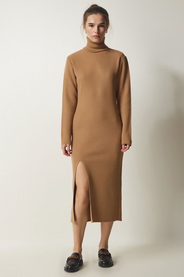 Happiness İstanbul Happiness İstanbul Women's Biscuit Turtleneck Slit Knitwear Dress