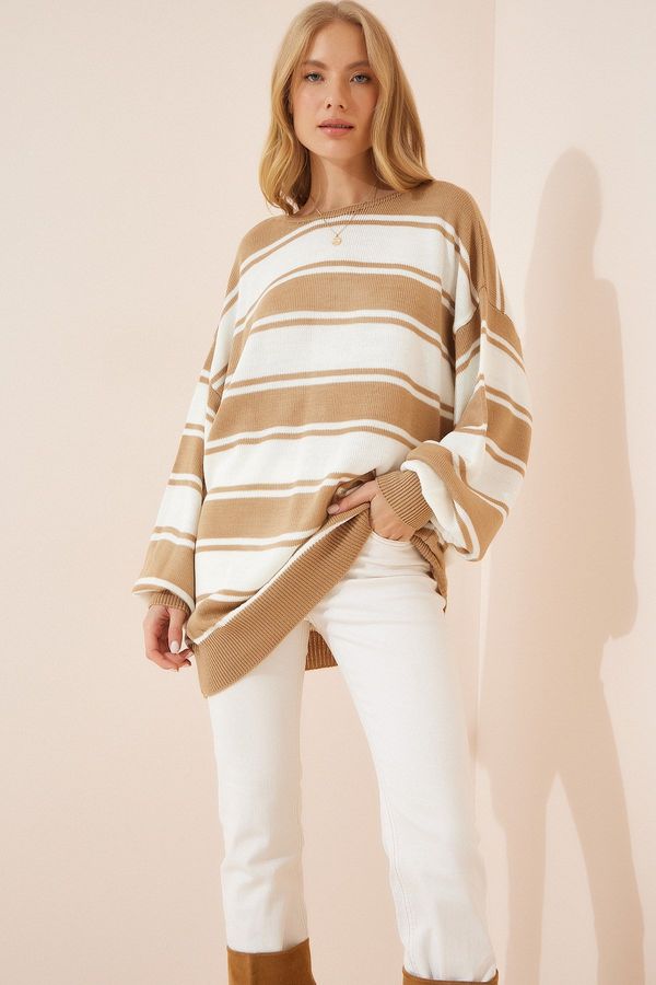 Happiness İstanbul Happiness İstanbul Women's Biscuit White Striped Oversize Knitwear Sweater