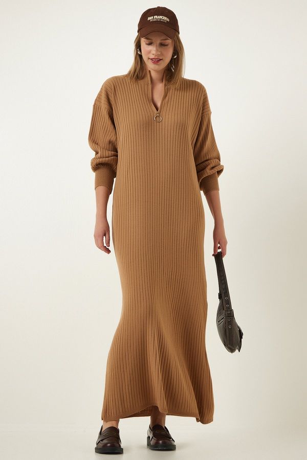 Happiness İstanbul Happiness İstanbul Women's Biscuit Zipper Collar Ribbed Long Knitwear Dress