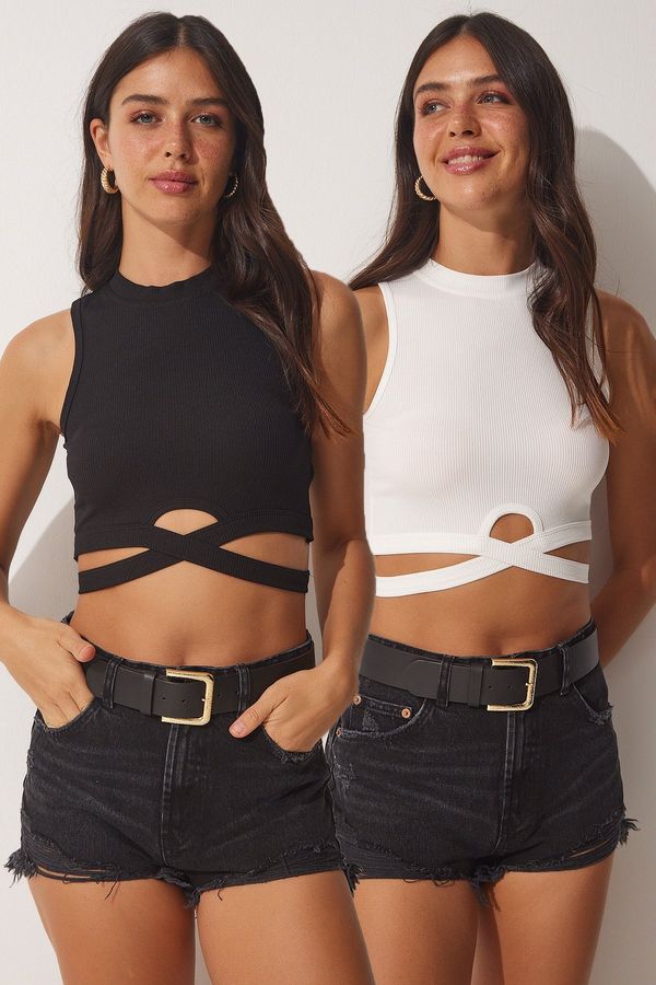 Happiness İstanbul Happiness İstanbul Women's Black and White 2-Pack Halter Collar Corduroy Crop Knitted Blouse