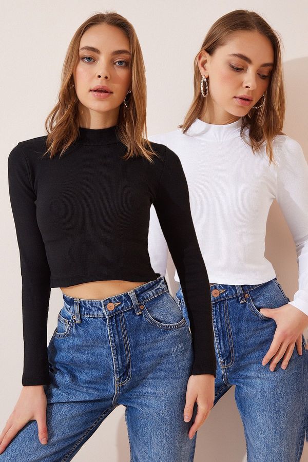 Happiness İstanbul Happiness İstanbul Women's Black and White 2 Pack Ribbed Turtleneck Crop Knitted Blouse