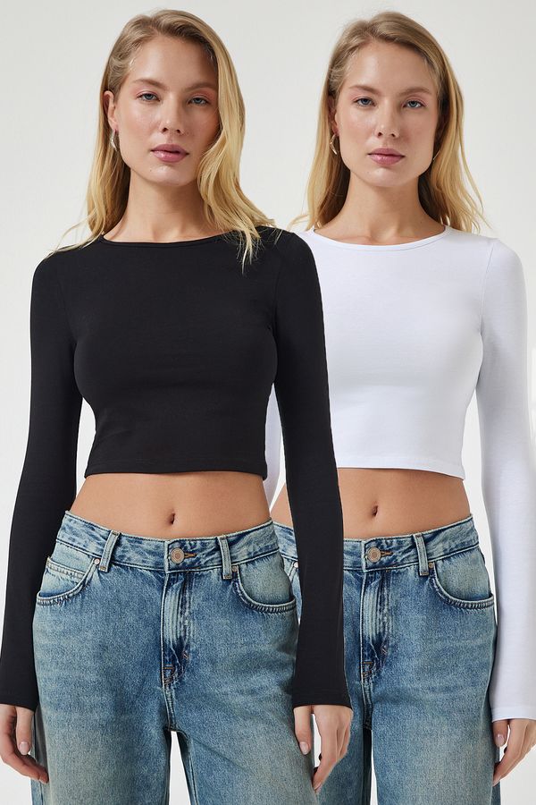 Happiness İstanbul Happiness İstanbul Women's Black and White Crew Neck Basic 2-Pack Crop Knitted Blouse