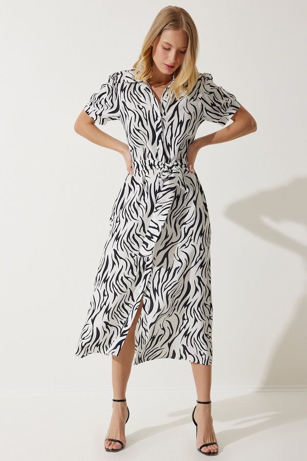 Happiness İstanbul Happiness İstanbul Women's Black and White Patterned Belted Summer Shirt Dress