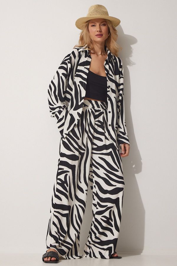 Happiness İstanbul Happiness İstanbul Women's Black and White Patterned Viscose Shirt and Pants Suit