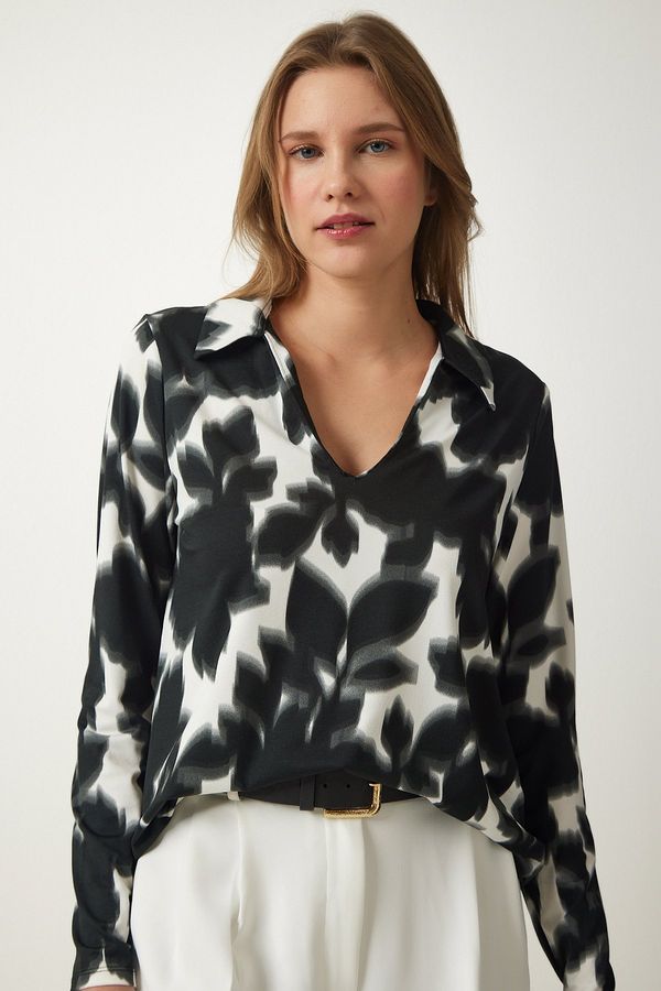 Happiness İstanbul Happiness İstanbul Women's Black and White Polo Neck Patterned Knitted Blouse
