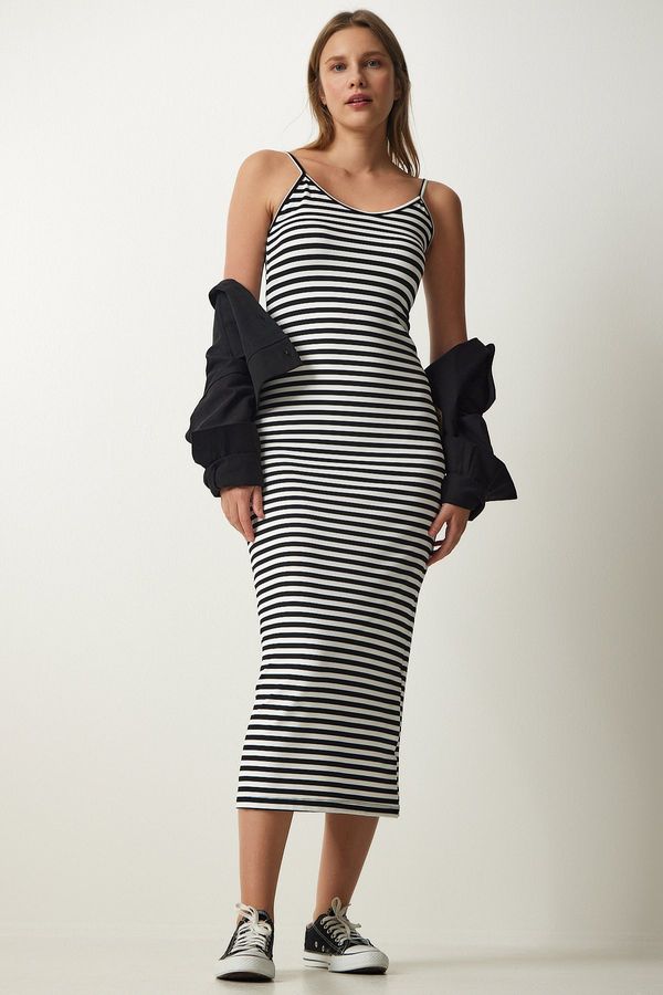 Happiness İstanbul Happiness İstanbul Women's Black and White Strappy Corduroy Pencil Dress