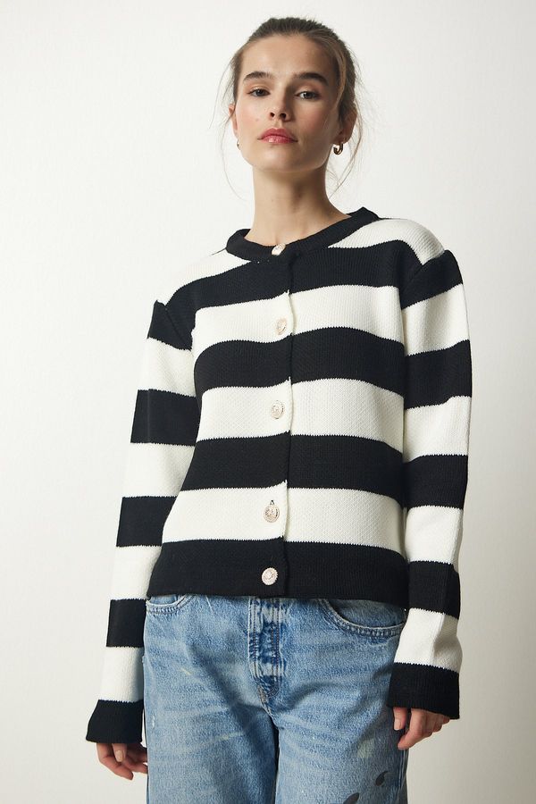 Happiness İstanbul Happiness İstanbul Women's Black and White Stylish Buttoned Striped Knitwear Cardigan