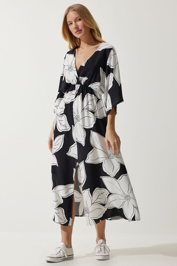 Happiness İstanbul Happiness İstanbul Women's Black and White Wrapover Neck Patterned Summer Viscose Dress