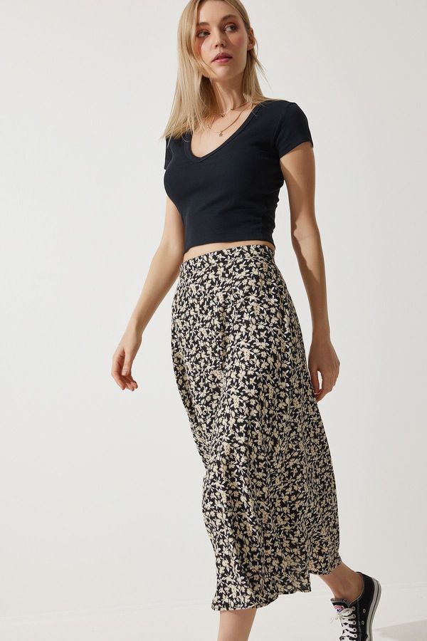 Happiness İstanbul Happiness İstanbul Women's Black Beige Floral Slit Summer Viscose Skirt