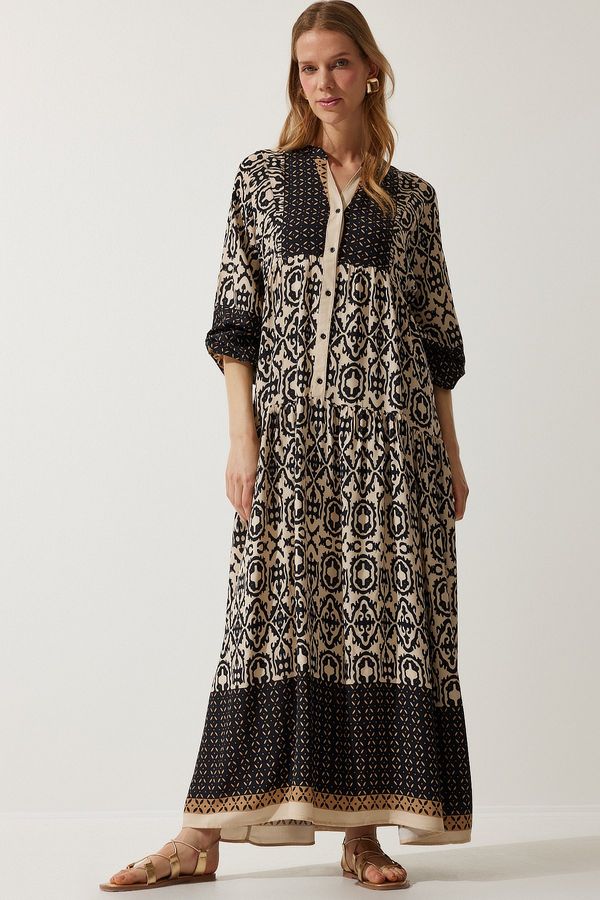 Happiness İstanbul Happiness İstanbul Women's Black Beige Patterned Oversize Summer Viscose Dress