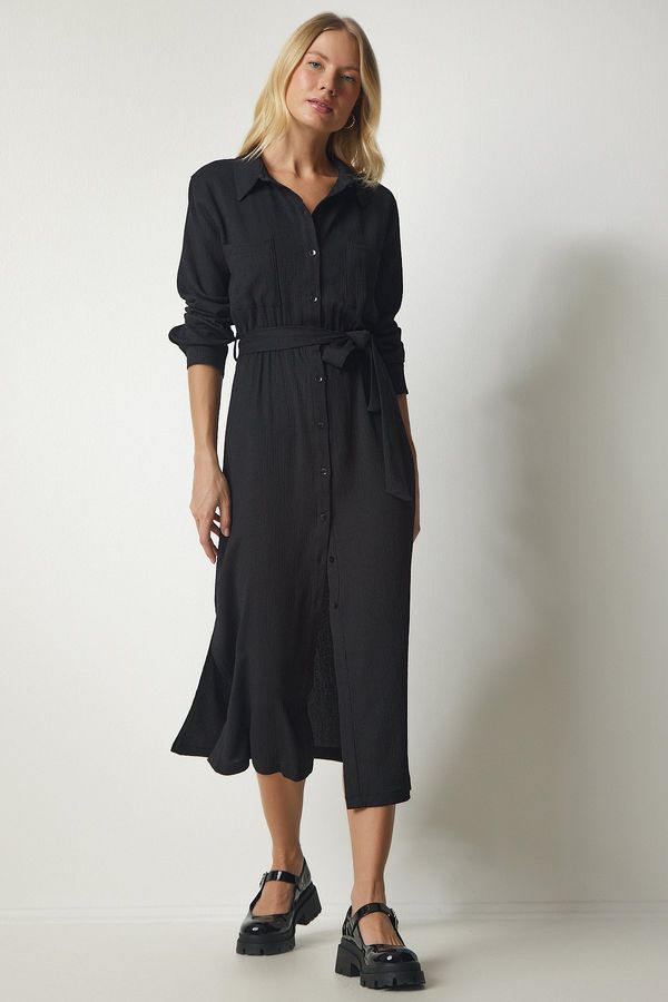 Happiness İstanbul Happiness İstanbul Women's Black Belted Long Shirt Dress
